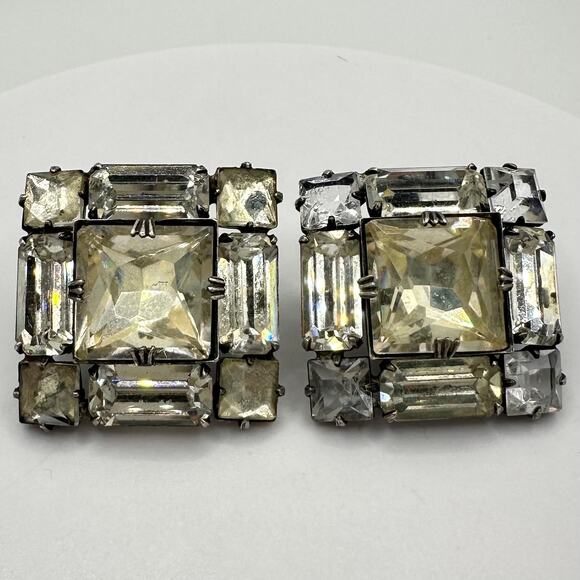 1940s 1950s vintage 925 sterling silver large clear rhinestones clip on earrings - Picture 1 of 8